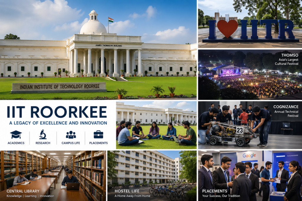 Indian Institute of Technology Roorkee campus collage showing James Thomason Building, student life, library, hostel, festivals Thomso and Cognizance, and placement activities